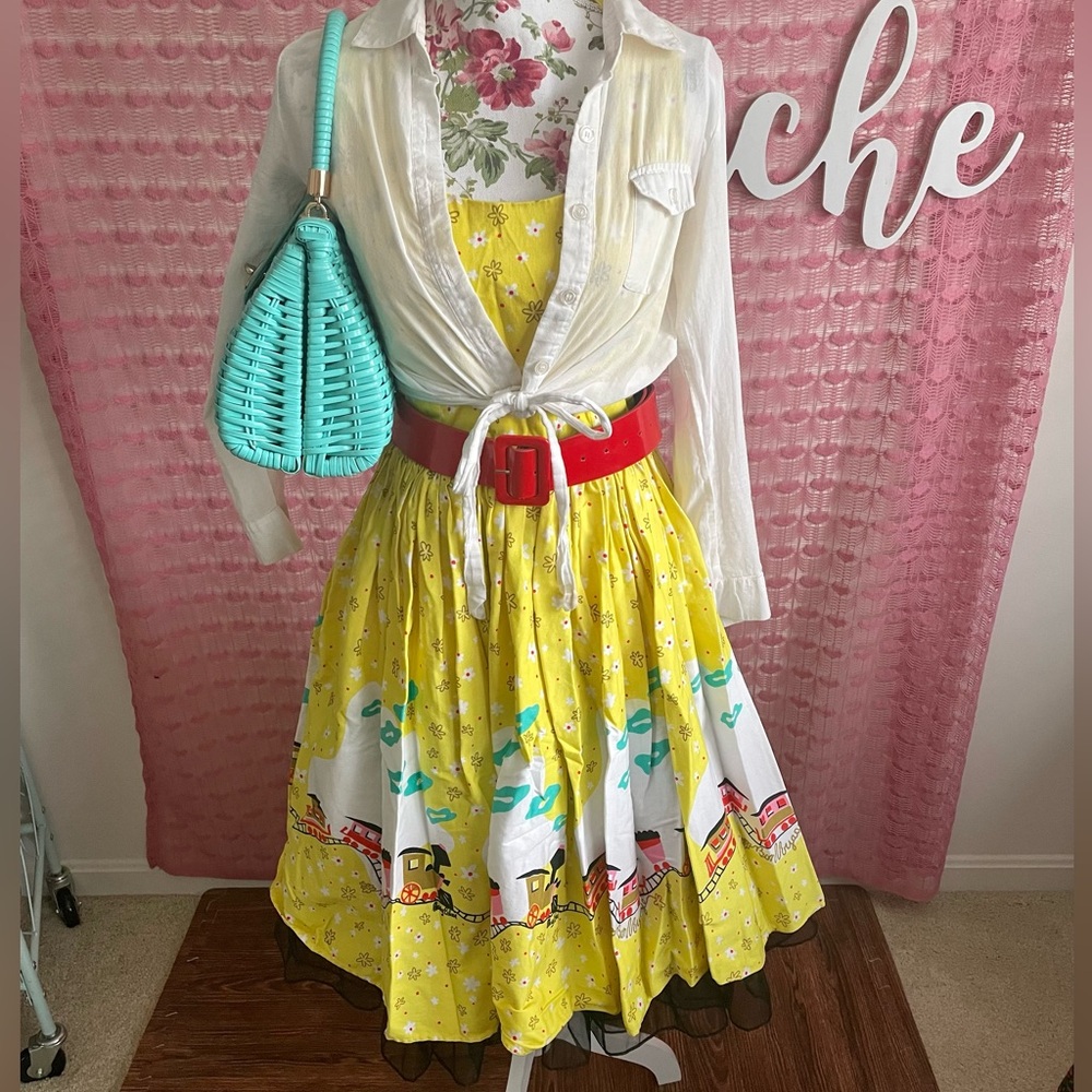 ‘50’s ‘60’s pinup vintage inspired Mary Blair trains print yellow sundress 🚂👗 ✨